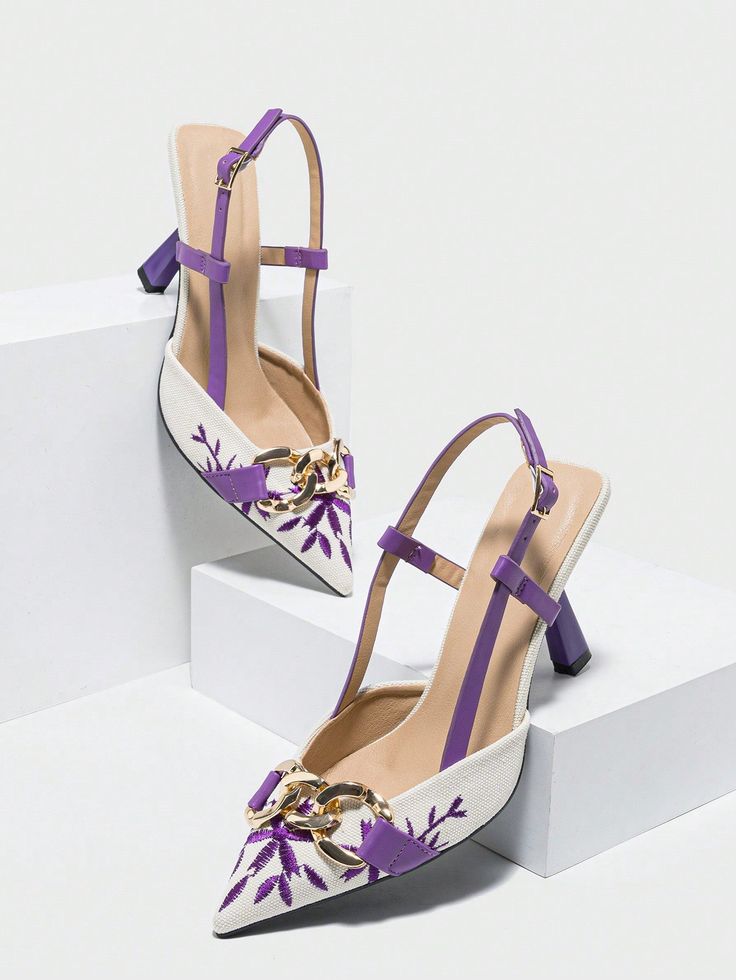 PURPLE Floral Embroidered Chain Slingback Heels