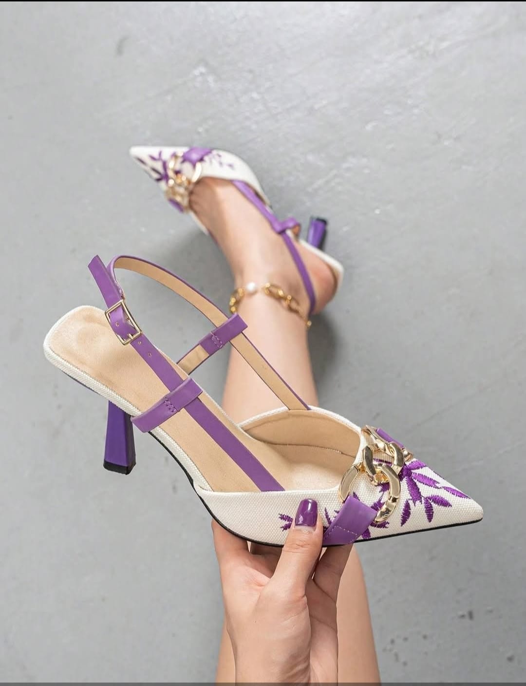 PURPLE Floral Embroidered Chain Slingback Heels
